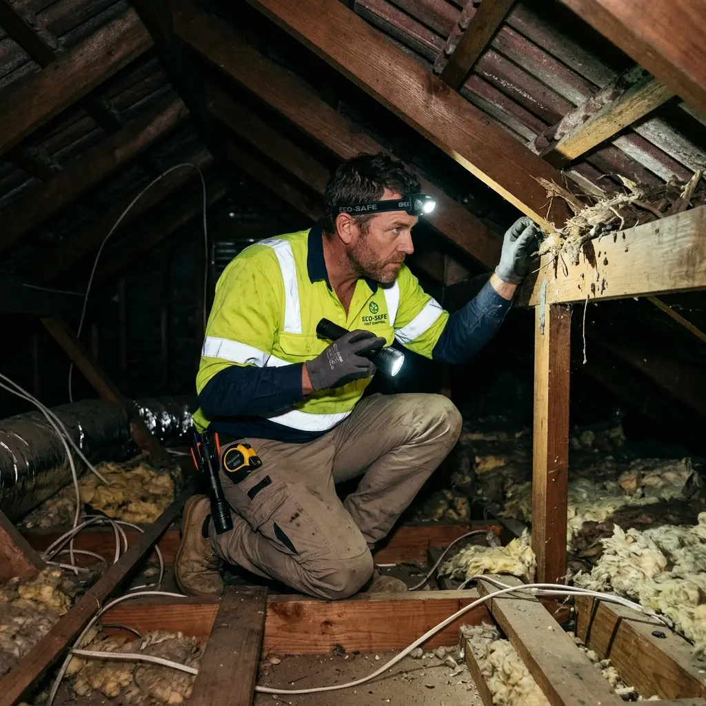 Technician inspecting a Dixons Creek roof cavity for a dead possum